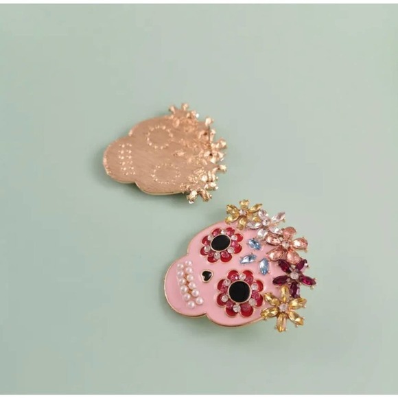DAY of the dead Skull Stud Earrings rhinestone Embellished Pink Large - Picture 1 of 7